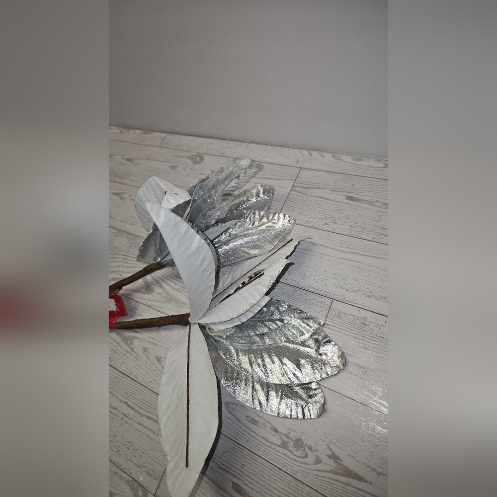 Silver Glitter Leaf Stem - Decorative Faux Foliage